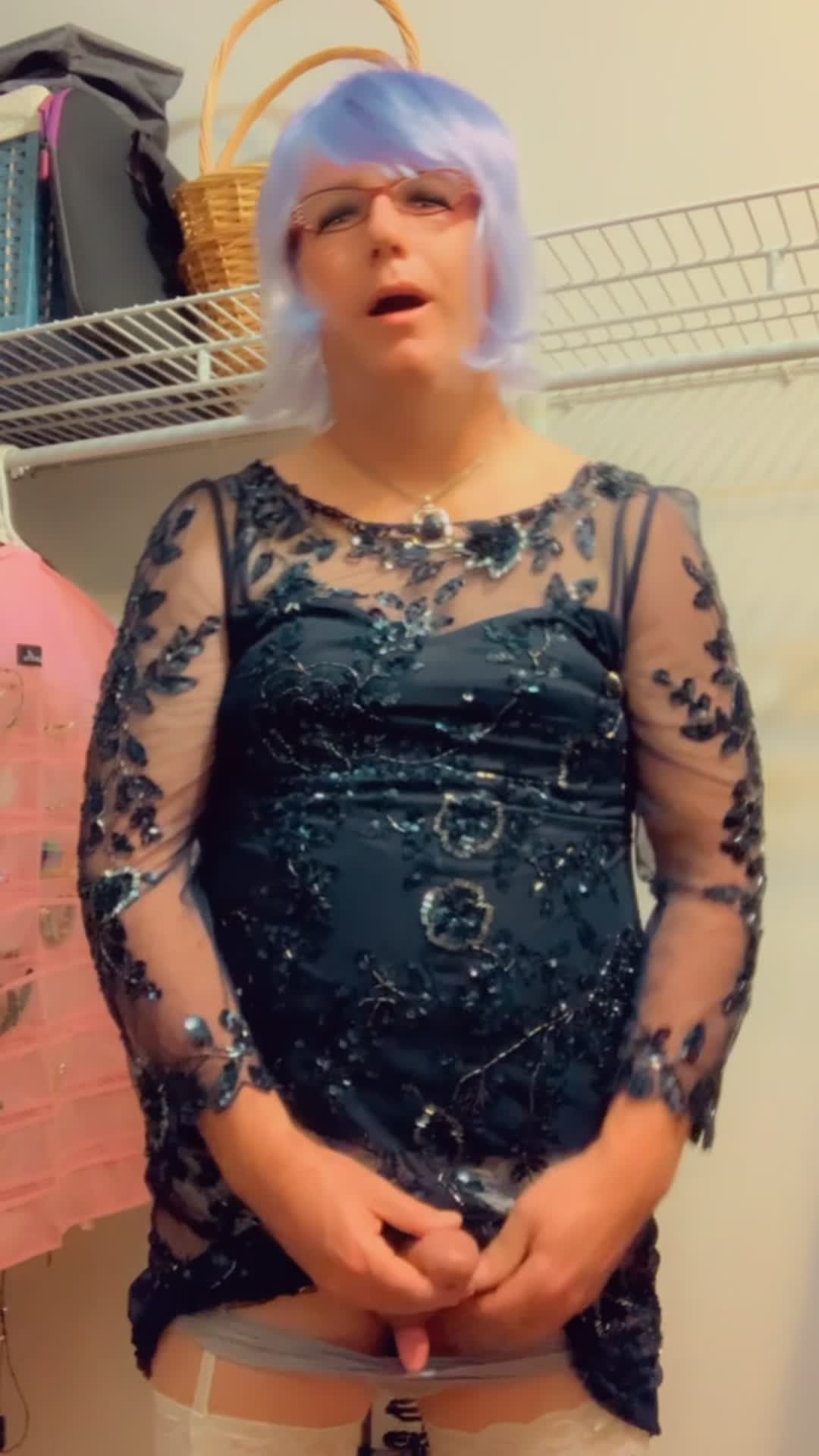 Pantyluvn sissy cumming in navy sequins dress and glasses